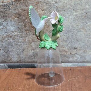 Vintage Hummingbird Pink Flower on Crystal Glass Bell Silver Tone Chain